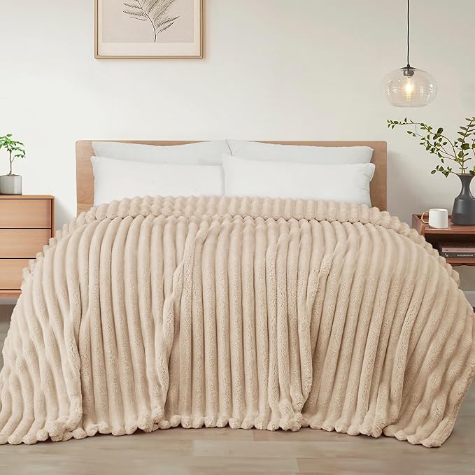 Exclusivo Mezcla Twin Size Flannel Fleece Blanket, Super Soft Striped Jacquard Bed Blanket, Lightweight Fuzzy Cozy for All Seasons, 60x80 Inches, Beige