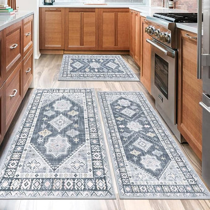 HEBE Boho Kitchen Rug Sets 3 Piece with Runner Non Slip Kitchen Rugs and Mats Washable Kitchen Mats for Floor Thick Kitchen Floor Mat Carpet Runner Rugs for Hallway Laundry Holiday Decor