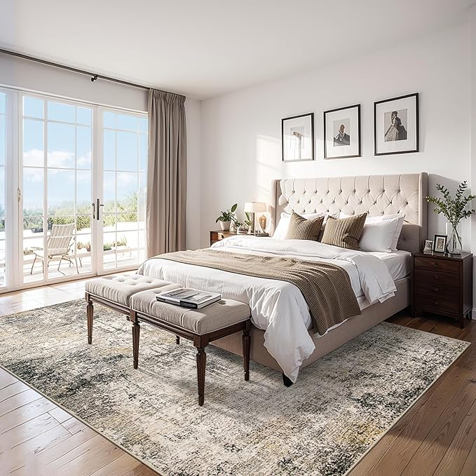 Area Rugs 10x12 Living Room - Washable Rug Modern Abstract Soft Large Neutral Non-Slip Carpet Indoor Floor Thin Carpets for Bedroom Dining Room Farmhouse Nursery Home Office Brown Black Grey
