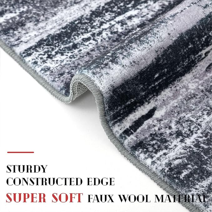 Lansny Modern Abstract Runner Rug 2x5, Black Grey Washable Kitchen Runner Entryway Rug Mat Non-Slip Soft Hallway Rug Runner Thin Print Faux Wool Carpet for Bedroom Laundry Room Indoor