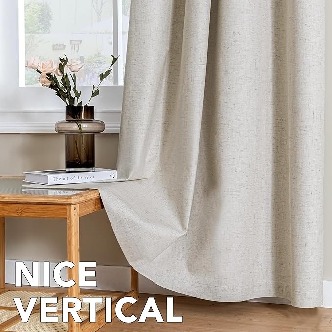 H.VERSAILTEX Linen Curtains 100% Blackout Curtains for Bedroom 84 inch Long Full Light Blocking Nature Linen Blended Window Curtains for Living Room Nickel Grommet (2 Panels, Heathered Linen)
