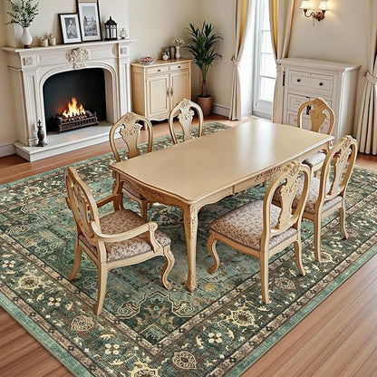 Lofus 9x12 Area Rugs for Living Room, Washable Area Rug, Rugs for Bedroom, Kitchen, Vintage Boho Carpet, Soft Non-Slip, Low Pile Large Area Rug for Office Dining Room, Green