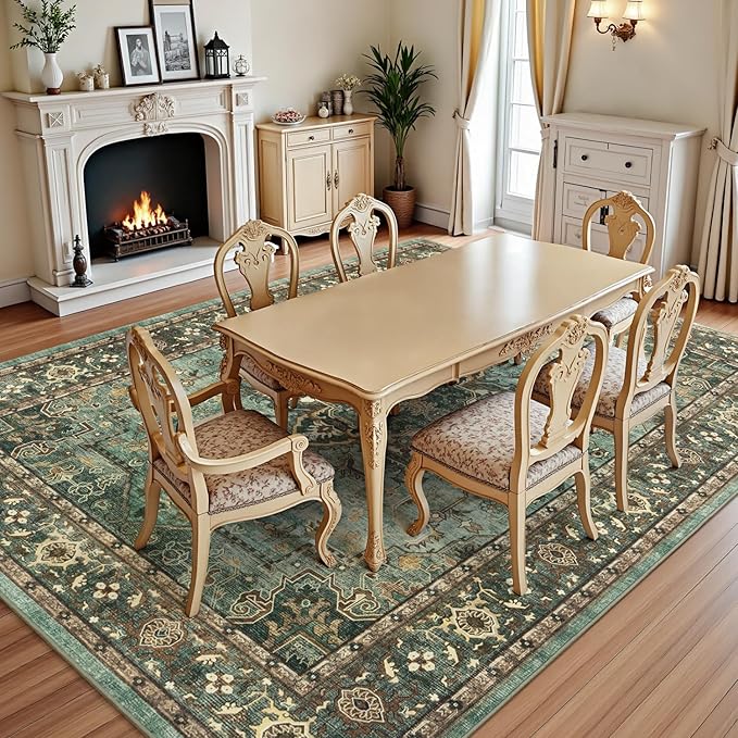 Lofus 8x10 Area Rugs for Living Room, Washable Area Rug, Rugs for Bedroom, Kitchen, Vintage Boho Carpet, Soft Non-Slip, Low Pile Large Area Rug for Office Dining Room, Green
