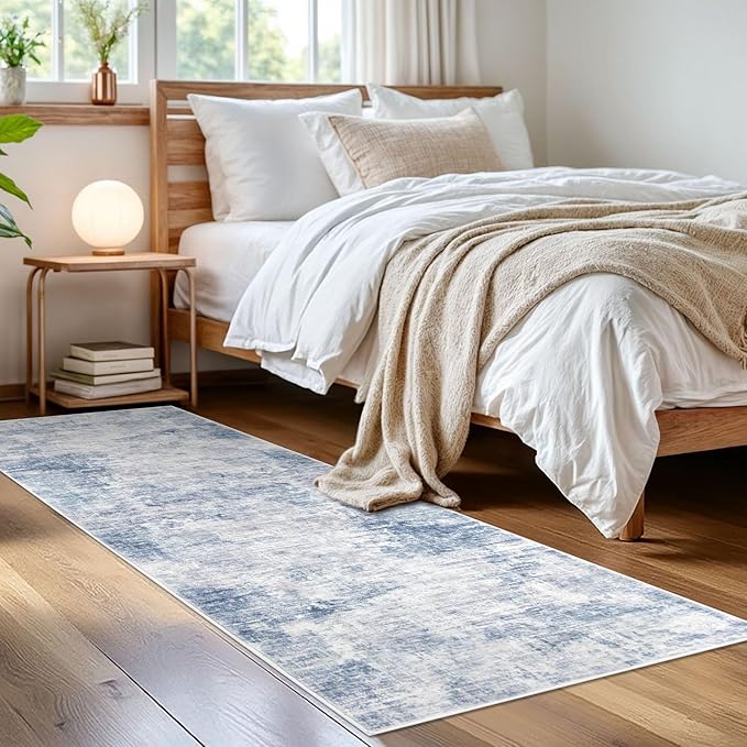 IOHOUZE Abstract Runner Rug 2x6 Ft Washable Runners for Hallways, Non Slip Kitchen Runner Printed Faux Wool Entryway Runner Indoor, Modern Abstract Floor Carpet for Hall Bedroom, Light Blue Grey