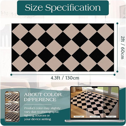 Front Door Mat Indoor Entrance - 2x4.3 Ft Black Tan Non-Slip Washable Outdoor Porch Rug Doormats Geometric Checkered Diamond Layered Rug for Front Door Kitchen Hallway Bedroom Laundry Room