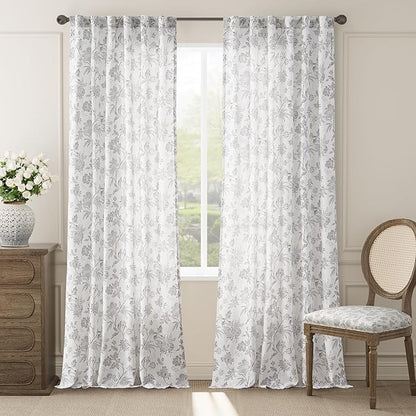 jinchan Linen Floral Curtains for Living Room, 96 Inch Length Curtains with Printed Flower Light Filtering Curtain, Rod Pocket Back Tab Gray Window Curtain Set 2 Panels Light Grey on White