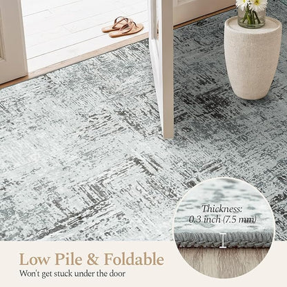 Rugflix 9x12 Washable Area Rugs, Neutral Boho Carpet Living Room Rug Non Slip Stain Resistant, Large Area Rug for Indoor Bedroom Dining Room Office, Blue/Grey