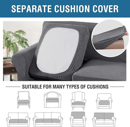 H.VERSAILTEX 3 Piece Stretch Sofa Covers for 2 Cushion Loveseat Couch Covers for Living Room Furniture Cover (Base Cover Plus 2 Seat Cushion Covers) Thicker Jacquard Fabric(Medium Sofa, Grey)