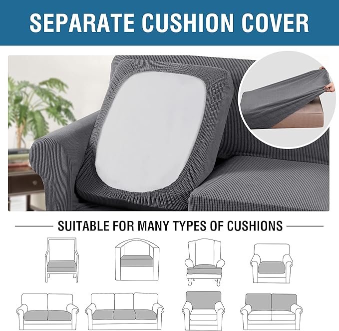 H.VERSAILTEX 4 Piece Stretch Sofa Covers for 3 Cushion Couch Covers for Living Room Furniture Slipcovers (Base Cover Plus 3 Seat Cushion Covers) Upgraded Thicker Jacquard Fabric (Sofa, Grey)