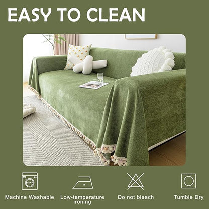 HANDONTIME Green Sofa Cover Vintage Couch Cover for Dogs 71" X118" Couch Cushion Covers with Tassel Herringbone Sofa Cover Boho Sofa Covers for 3 Cushion Couch Chenille Soft Loveseat Sofa Covers