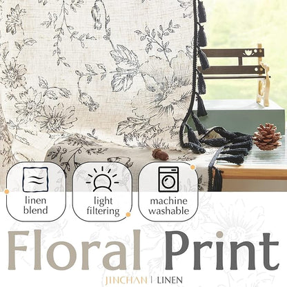 jinchan Linen Curtains Floral Curtains Living Room 96 Inch Long Printed Curtains Tassels Rod Pocket Back Tab Farmhouse Rustic Peony Flower Patterned Drapes Bedroom Window Curtain Set 2 Panels Black