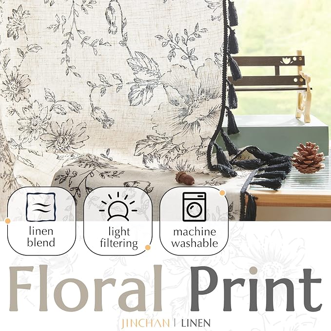 jinchan Linen Blend Curtain Floral Curtains for Living Room 63 Inch Length Printed Curtains with Tassels Rod Pocket Farmhouse Rustic Peony Flower Patterned Drapes Bedroom Window Curtains Set 2 Panels