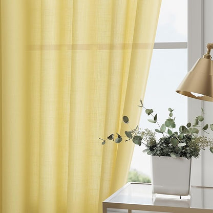 Yellow Linen Curtains 100 inches Long for Bedroom Back Tab Light Filtering Privacy Sheer Yellow Curtains Modern Farmhouse Coastal Decor Cotton Textured Curtain for Living Room 2 Panel Set 52x100