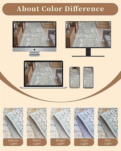 Madane Washable Runner Rug - 2x6 Rug Runners for Hallways 6 Feet Non Slip Vintage Kitchen Runner Rug Ultra-Thin Bathroom Runner Rugs Carpet Laundry Room Bedroom (2x6ft, Blue/Gold)