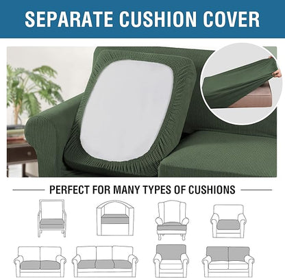 H.VERSAILTEX 3 Piece Stretch Sofa Covers for 2 Cushion Sofa Couch Covers for Living Room Furniture Cover (Base Cover Plus 2 Seat Cushion Covers) Thicker Jacquard Fabric(Large Sofa, Bronze Green)