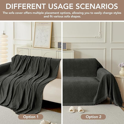 Couch Cover for Dogs, Boho Sofa Covers for 3 Cushion Couch, Chenille Sofa Slipcover for Pets Washable, L-Shape Sectional Couch Cover Soft Throw Blankets with Tassels(91x150,Charcoal Grey)