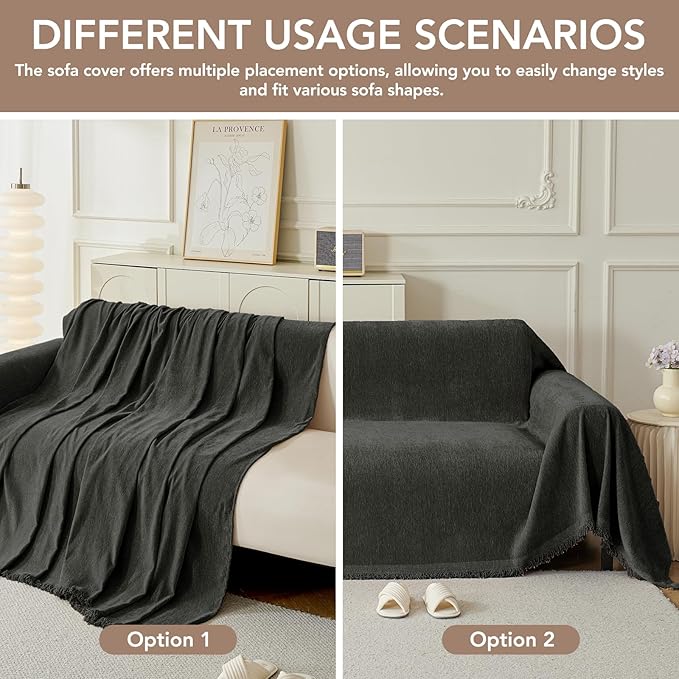 Couch Cover for Dogs, Boho Sofa Covers for 3 Cushion Couch, Chenille Sofa Slipcover for Pets Washable, L-Shape Sectional Couch Cover Soft Throw Blankets with Tassels(71x134,Charcoal Grey)