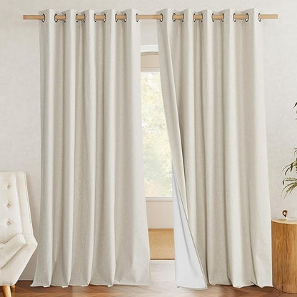 NICETOWN Full Blackout Natural Linen Curtains 102" Length with Thermal Insulated Liners for Living Room, 2 Panels, 62 inches W, Farmhouse Style Keep Warm Large Window Draperies for Hall