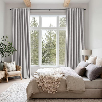 MIULEE 100% Blackout Linen Curtains for Bedroom, Greyish White Solid Luxury Decor Thermal Insulation Room Darkening Drapes for Living Room Nursery Back Tab Rod Pocket 42 x 63 Inches, 2 Panels