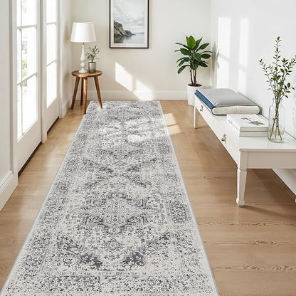 4x10 Washable Hallway Runner Rug - Wide Kitchen Runners Vintage Low Pile Carpet Soft Thin Floor Runner with Rubber Backing for Entryway Bedroom Living Room Home Decor (Distessed Grey)