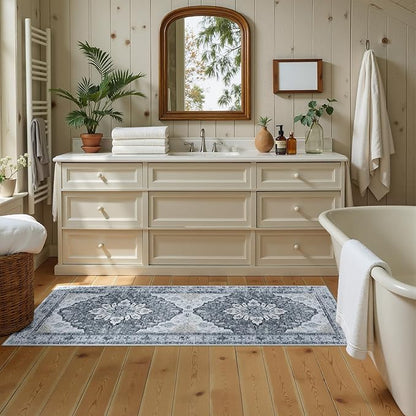 Area Rugs 2'x5' Runner Rug Non Slip Washable for Kitchen Hallway Bedroom Beside Laundry Room Bathroom Rug, Floor Carpet, Light Gray Grey White