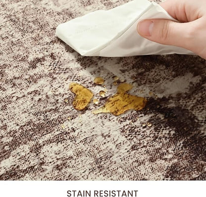 Ompaa Living Room Rug 8x10 Brown Area Rugs Machine Washable Abstract Coffee Boho Large Carpet Non-Slip Non-Shedding Faux Wool Indoor Vintage Rug for Bedroom, Classroom, Dining Room, Kids Playroom