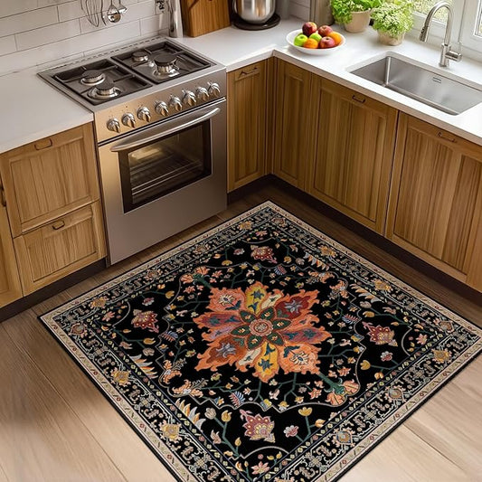 Area Rugs Square 4ft Washable Non-Slip, Floral Vintage Distress Print Pattern Medallion Carpet for Living Room Bedroom Dining Room, Black Colorful Floral Dark Tan