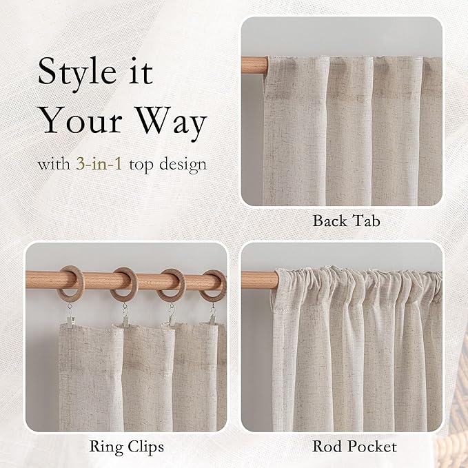 MYSKY HOME Natural Linen Sheer Curtains 63 Inch Length for Bedroom, Window Curtain Panels Light Filtering Privacy Drapes Set, Boho Farmhouse Style Texture Soft Touch, 50" x 63", Linen, 2 Panels