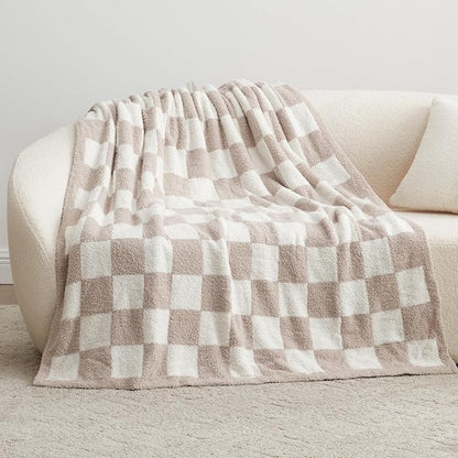 EXQ Home Checkered Throw Blanket, Knitted Blanket with Checkerboard Grid Pattern, Soft Cozy Fluffy Blankets for Couch Bed Sofa, Warm Fuzzy Plaid Blanket for All Seasons (Taupe, 50"×60")
