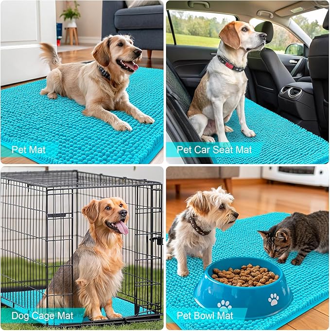 OLANLY Dog Door Mat for Muddy Paws 35x24, Absorbs Moisture and Dirt, Absorbent Non-Slip Washable Doormat, Quick Dry Chenille Mud Mat for Dogs, Entry Indoor Entryway Carpet for Inside Floor, Aqua Blue