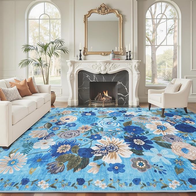 Area Rugs 9x12 Living Room Washable Rug Non Slip Floral Low Pile Large Rug for Living Room, Bedroom, Farmhouse, Dining Room, Kids Playroom(9 x 12, Blue Garden)