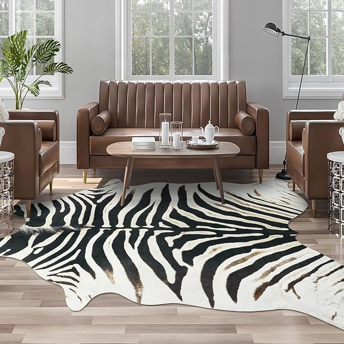 AROGAN Western Faux Fur Zebra Rug, 6.2x7 Feet Premium Animal Skin Print Rug, Sturdy Faux Zebra Hide Rugs for Wall Decor, Western Floor Carpet for Bedroom Living Room, Black and White