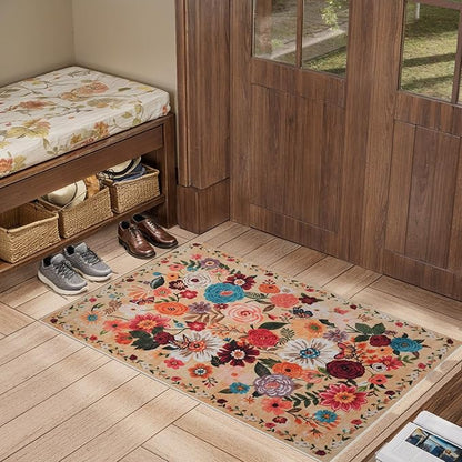 Floral Rug for Entryway, 2x3 Washable Kitchen Mat Ultra-Thin Soft, Non-Slip Indoor Door Carpet Stain Resistant Boho Small Low-Pile Throw for Bathroom Bedroom (Yellow Garden, 2 x 3)