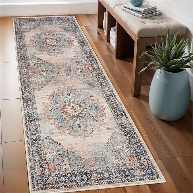 Washable Runner Rug 2x6 - Hallway Runner Rug Kitchen Rugs and Mats Non Skid Washable Waterproof Carpet Runner for Living Room Bedroom Bathroom (Blue, 2X6)