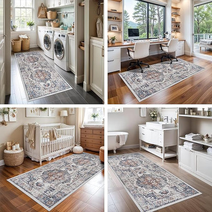 Hallway Washable Runner Rug - 2x6 Kitchen Rugs Entryway Rug Runner Vintage Soft Floor Mat Non Slip Indoor Farmhouse Carpet for Bathroom Living Room Bedroom (2 X 6, Brick)