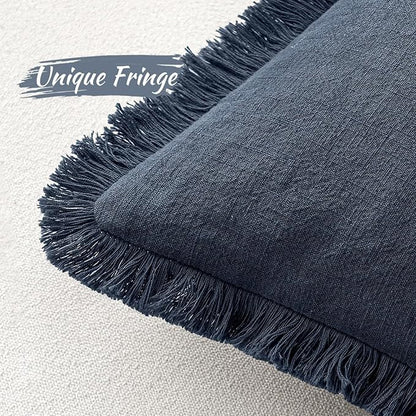 MIULEE Decorative Throw Pillow Covers Neutral Linen Fringe Throw Pillows Set of 2 Indigo Blue Boho Farmhouse Cushion Covers Coastal Decor for Couch Sofa Bed Living Room Spring Decor 26x26 Inch