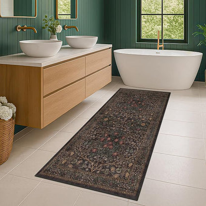 Dark Brown 2x4 Entryway Rug, Small Runners for Kitchen, Door Mat Indoor Entrance, Bathroom, Non-Slip Low-Pile Washable Stain Resistant, Vintage Floral Design