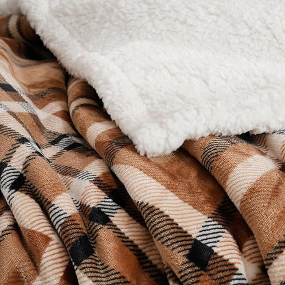 PU MEI Sherpa Fleece Throw Blanket 80" x 90" Reversible Plush Fluffy Large Big Blanket Lattice Flannel Blankets for All Season Use, Mocha Brown