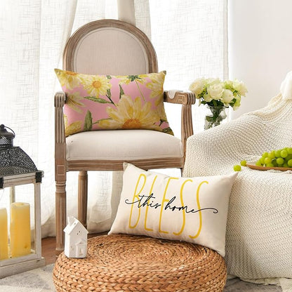AVOIN colorlife Home Sweet Home Spring Summer Flowers Pink Throw Pillow Covers, 12 x 20 Inch White Cushion Case for Sofa Couch Set of 4