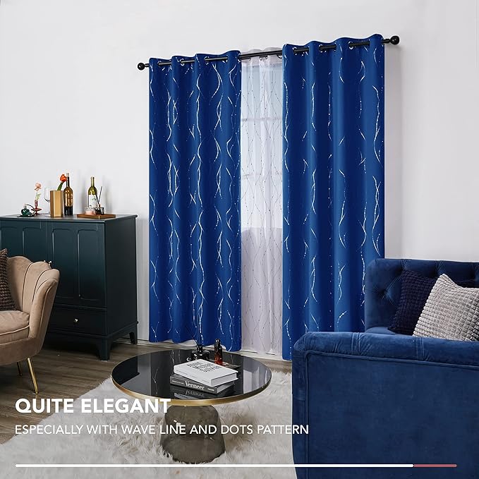 Deconovo Blackout Curtains, 52 x 95 Inch Drapes for Sliding Door with Wave Dot Silver Print, Soundproof Thermal Insulated Window Curtain for Bedroom Living Room, Set of 2, Machine Washable, Royal Blue
