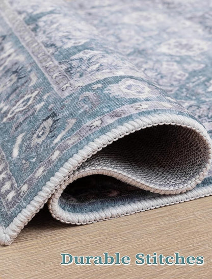 SERISSA Boho Washable Runner Rug, 2'6"x10' Long Non-Slip Vintage Floral Hallway Kitchen Stair Runner Rug Ultra Soft Print Distressed Blue Grey Floor Carpet for Bathroom Laundry Room