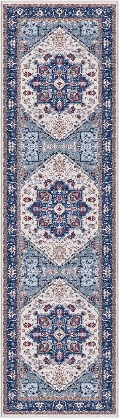 OPPODREAM Soft Entryway Rug 2x8, 2x8 Rug Runner, Washable Hallways Carpet 2 x 8 with Non Slip Backing, Low-Pile Bedside Carpet 2 x 8, Long, Faux Cashmere, Navy Blue & Red & Cream