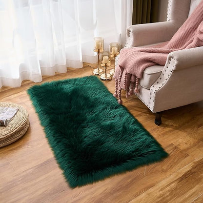 EasyJoy Ultra Soft Fluffy Shaggy Area Rug Faux Fur Rug Chair Cover Seat Pad Fuzzy Area Rug for Bedroom Floor Sofa Living Room (2 x 4 ft Rectangle, Dark Green)