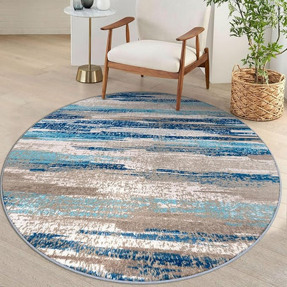 Lansny Modern Abstract Round Rug 5Ft, Blue Round Rug Washable Non-Slip Soft Small Circle Rug, Circular Dining Room Rugs Thin Print Faux Wool Carpet for Bedroom Living Room Office Playroom