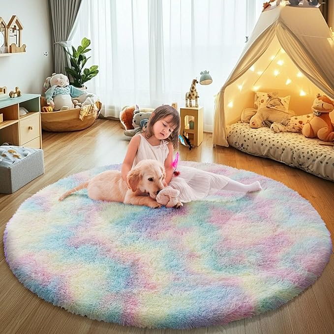 yulidayang Rainbow Fluffy Round Area Rugs for Bedroom,5'X5'Shag Circle Area Rugs for Girls Room,Non Slip Fuzzy Plush Rug for Kids Room Living Room and Dorm Home Decor Rug