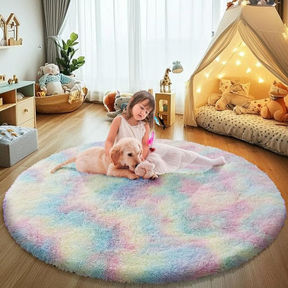 yulidayang Rainbow Fluffy Round Area Rugs for Bedroom,5'X5'Shag Circle Area Rugs for Girls Room,Non Slip Fuzzy Plush Rug for Kids Room Living Room and Dorm Home Decor Rug