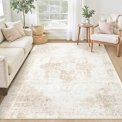 Area Rug 4x6 Washable Rug, Vintage Boho Medallion Rugs Non-Slip Soft Low Pile Distressed Rug Indoor Retro Carpet for Living Room Bedroom Dining Room Home Office (Beige, 4'x6')