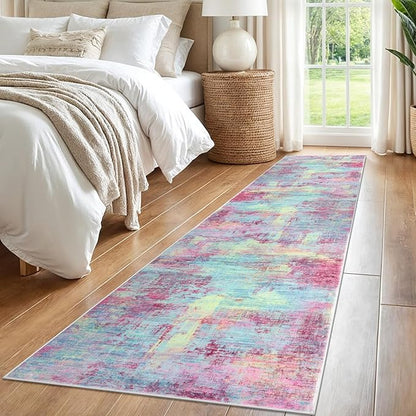 IOHOUZE Abstract Runner Rug 2x8 Ft Washable Runners for Hallways, Non Slip Kitchen Runner Printed Faux Wool Entryway Runner Indoor, Modern Abstract Floor Carpet for Hall Kitchen Bedroom, Pink Teal