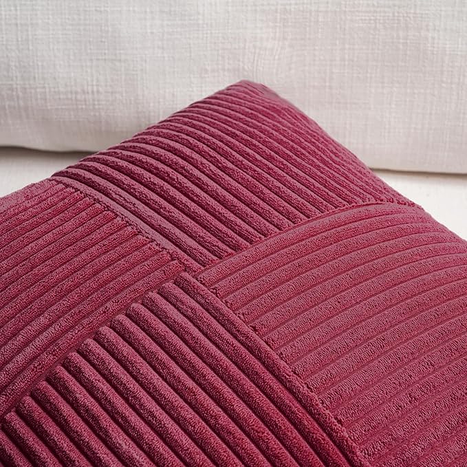 Fancy Homi 2 Packs Burgundy Lumbar Decorative Throw Pillow Covers 14x22 Inch for Living Room Couch Bed, Farmhouse Boho Home Decor, Soft Striped Corduroy Rectangle Accent Cushion Case 35x55 cm