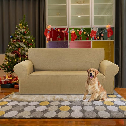 KEKUOU Stretch Loveseat Sofa Cover Slipcover,Couch Covers for 2 Cushion Couch Sofa (55"-78") Furniture Protector Sofa with Elastic Bottom for Kids,Dog. Jacquard Small Checked (Medium,Tan)